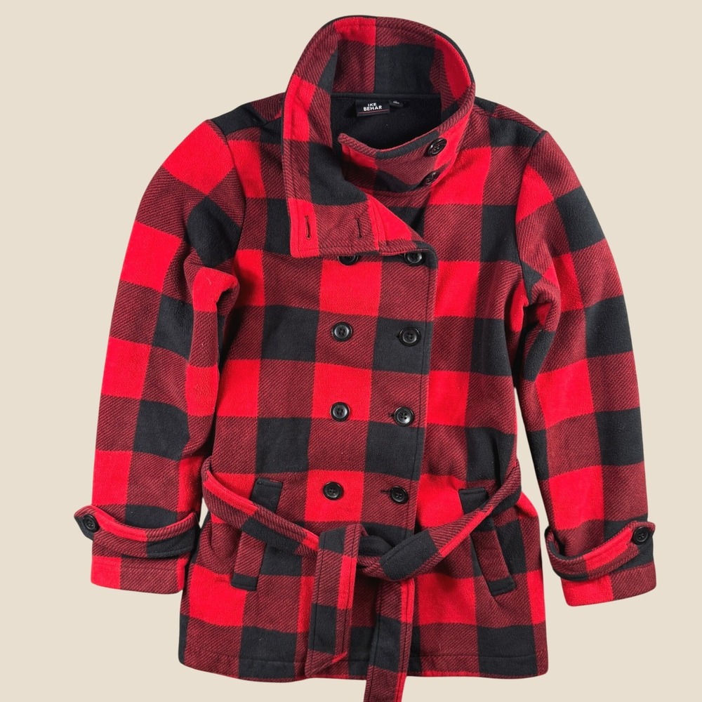 Ike Behar Belted Fleece Jacket Women M Plaid Buffalo Check Peacoat Red Coat